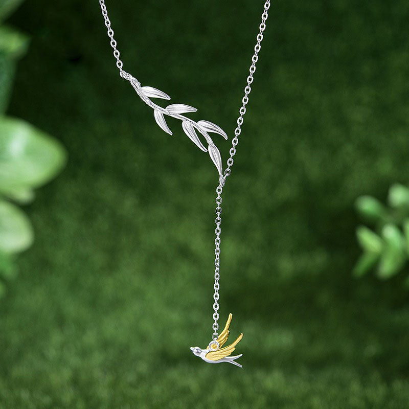 Prity Jewel Swallow & Willow Branch Pendant Necklace – 925 Sterling Silver Bird Jewelry for Women