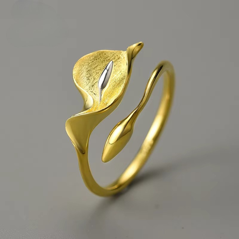 Prity Jewel Calla Lily Adjustable Ring – 925 Sterling Silver 18K Gold Plated Floral Ring