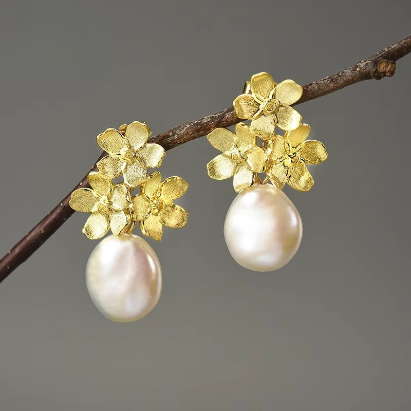 Prity Jewel Baroque Pearl Forget-Me-Not Flower Earrings – 925 Sterling Silver Floral Drop Earrings