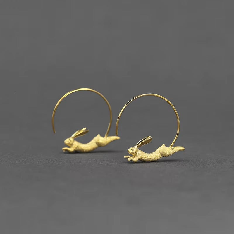 Prity Jewel Running Bunny Hoop Earrings – 925 Sterling Silver Gold Vermeil Cute Animal Hoops