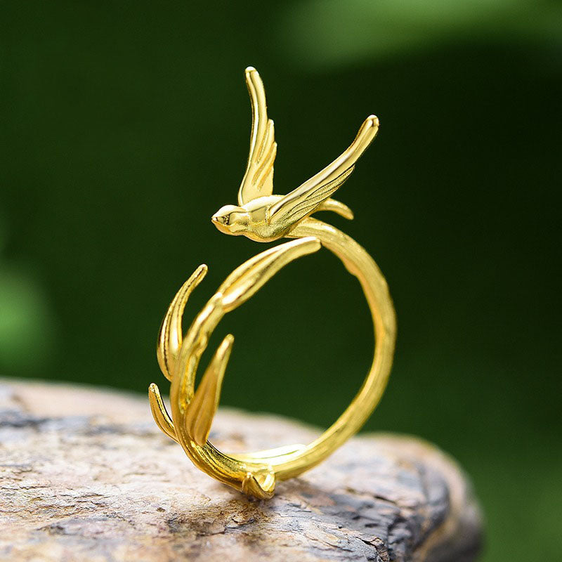Prity Jewel Swallow & Willow Branch Ring – 925 Sterling Silver 18K Gold Plated Asymmetrical Nature Ring