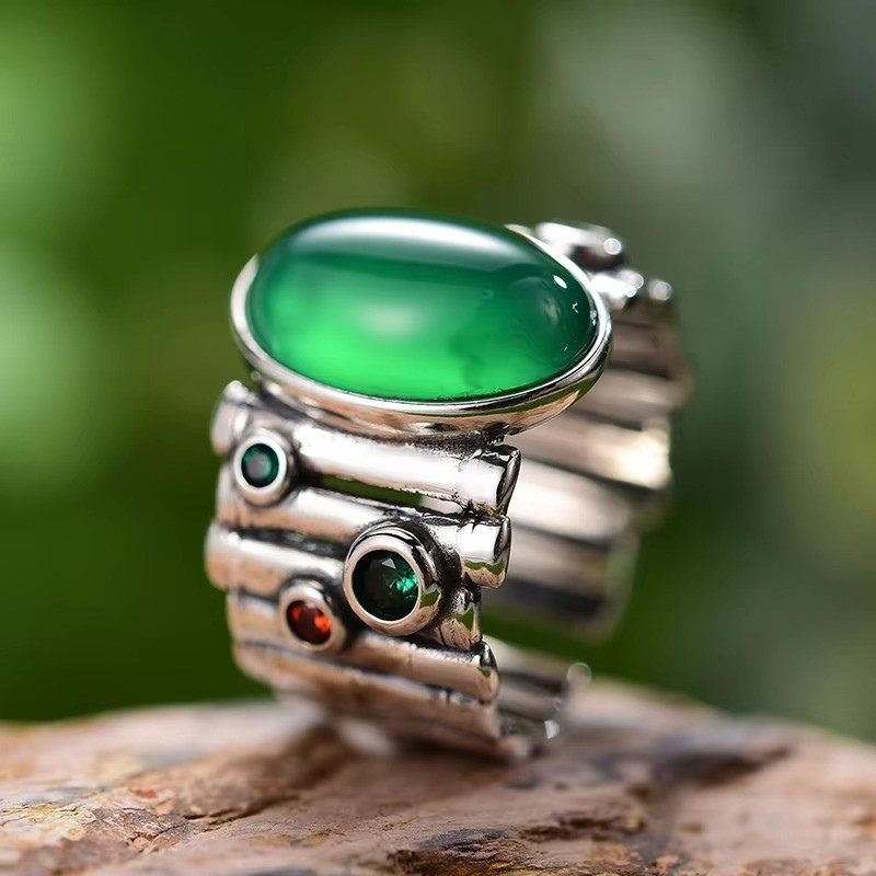 Prity Jewel Green Chalcedony Bamboo Ring – 925 Sterling Silver Vintage Adjustable Gemstone Ring