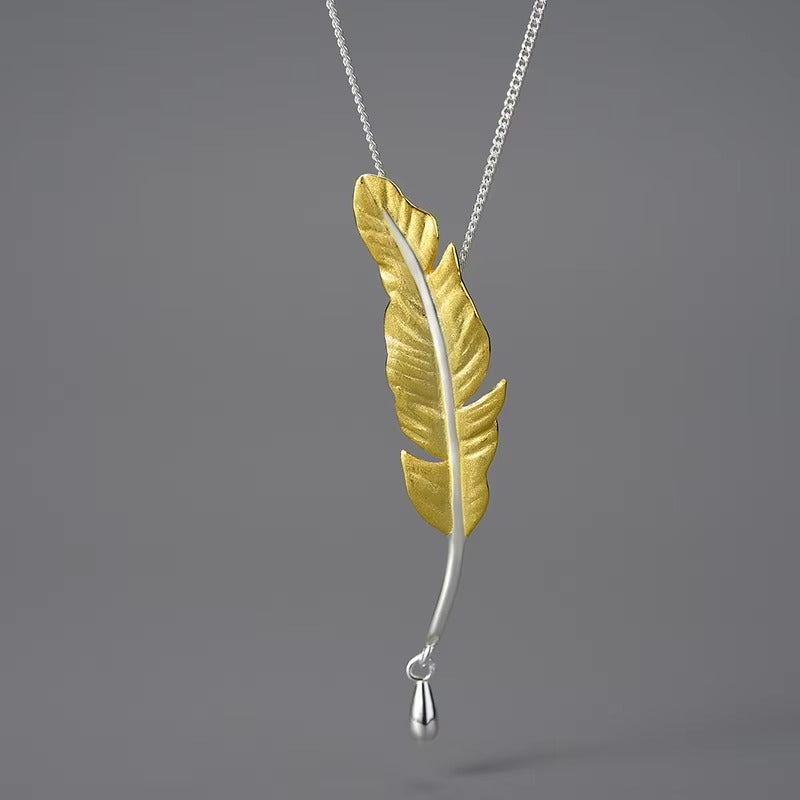 Prity Jewel Feather Pendant Necklace – 925 Sterling Silver & Gold Accent Vintage Feather Jewelry
