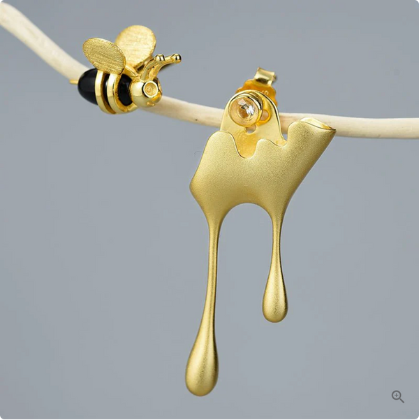 Prity Jewel Bee & Honey Drip Asymmetric Stud Earrings – 925 Sterling Silver 18K Gold Plated Designer Earrings