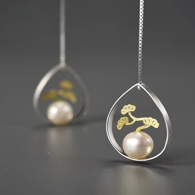 Prity Jewel Pine Tree Pearl Drop Earrings – 925 Sterling Silver Nature Dangle Earrings