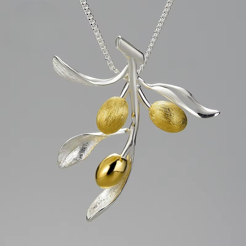 Prity Jewel Olive Branch Pendant – 925 Sterling Silver & Gold Fruit Leaf Charm