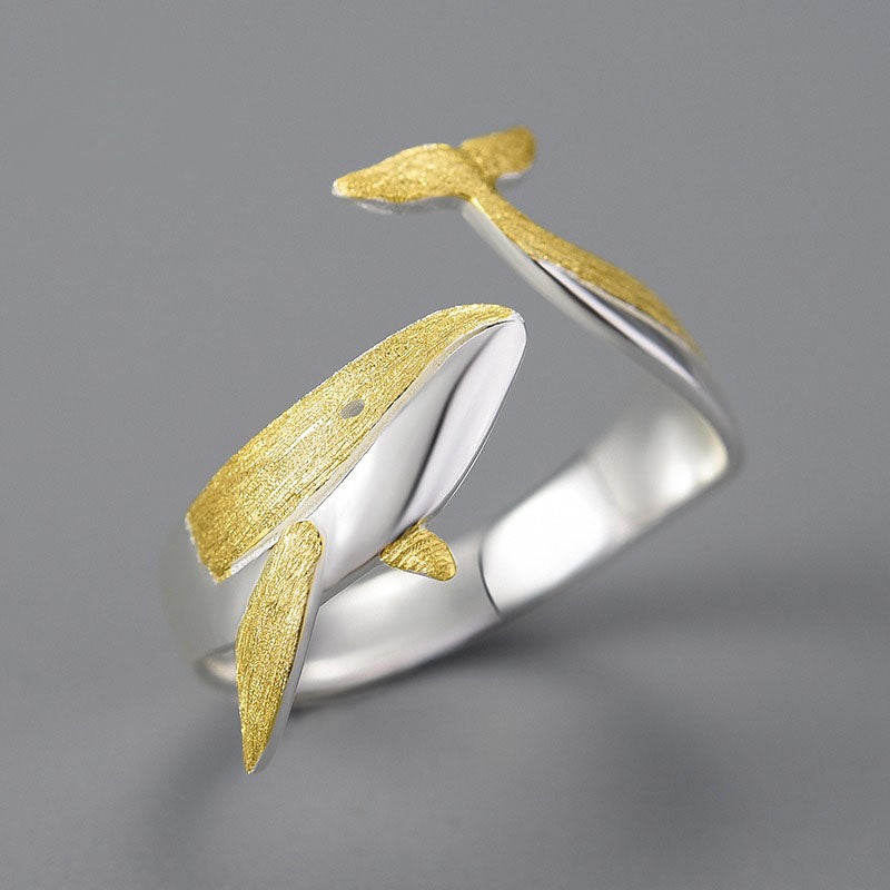Prity Jewel Whale Adjustable Ring – 925 Sterling Silver 18K Gold Plated Ocean Animal Ring