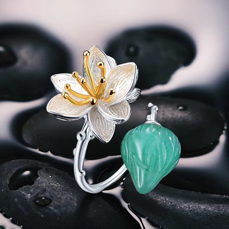 Prity Jewel Aventurine Lotus Flower Ring – 925 Sterling Silver Green Gemstone Adjustable Ring