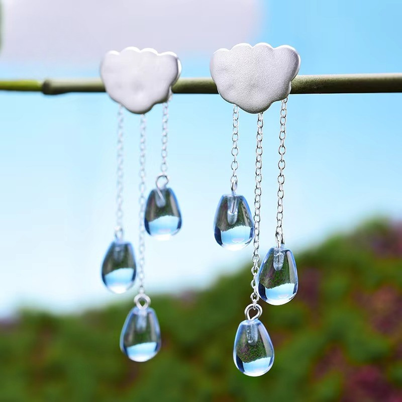 Prity Jewel Cloud Tassel Drop Earrings – 925 Sterling Silver Blue Crystal Long Dangle Earrings