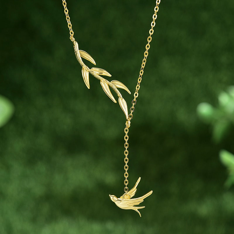 Prity Jewel Swallow & Willow Branch Pendant Necklace – 925 Sterling Silver Bird Jewelry for Women