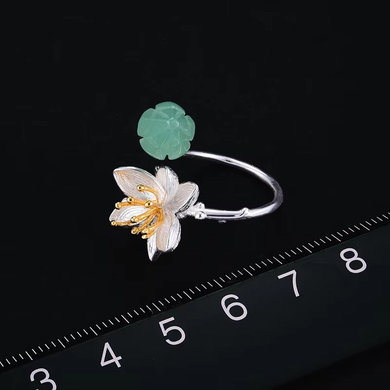 Prity Jewel Aventurine Lotus Flower Ring – 925 Sterling Silver Green Gemstone Adjustable Ring