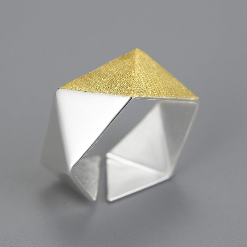 Prity Jewel Origami Geometric Adjustable Ring – 925 Sterling Silver Minimalist Gold Accent Ring