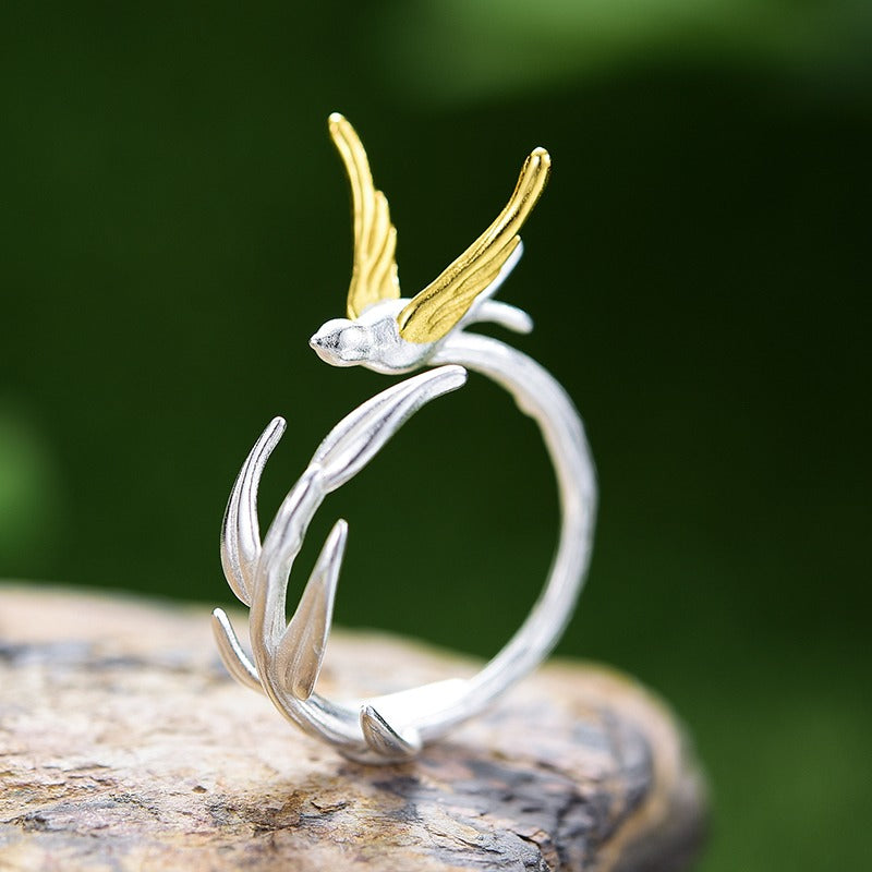 Prity Jewel Swallow & Willow Branch Ring – 925 Sterling Silver 18K Gold Plated Asymmetrical Nature Ring