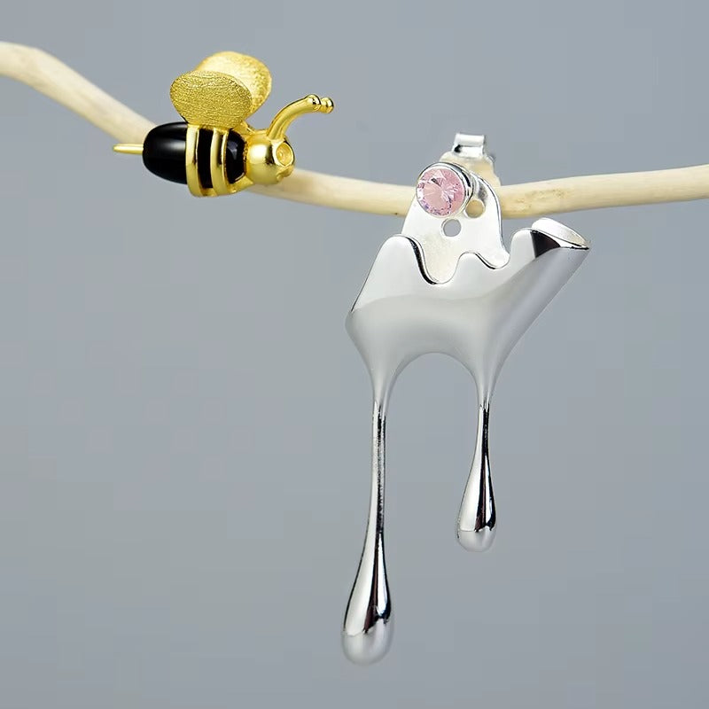 Prity Jewel Bee & Honey Drip Asymmetric Stud Earrings – 925 Sterling Silver 18K Gold Plated Designer Earrings