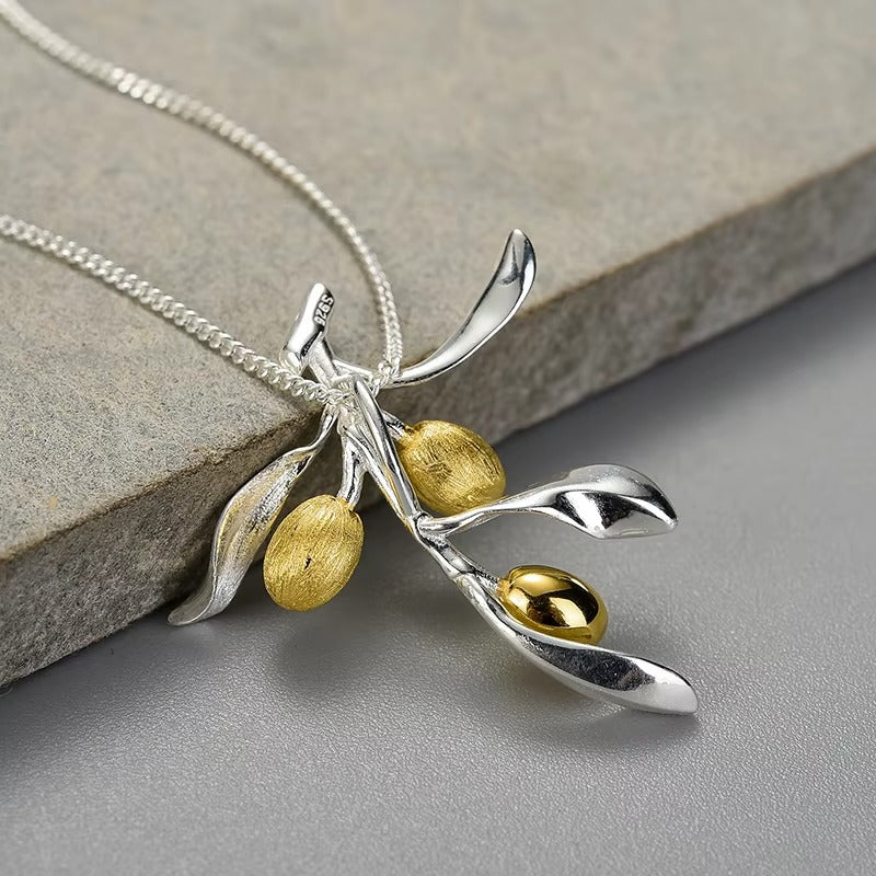 Prity Jewel Olive Branch Pendant – 925 Sterling Silver & Gold Fruit Leaf Charm