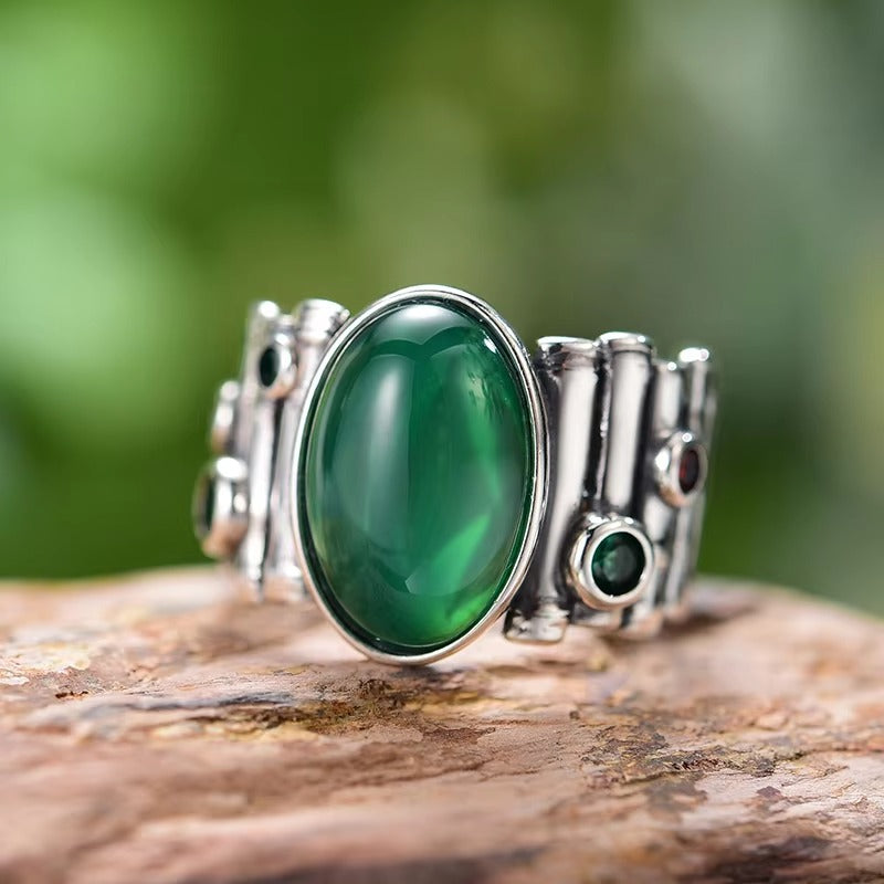 Prity Jewel Green Chalcedony Bamboo Ring – 925 Sterling Silver Vintage Adjustable Gemstone Ring