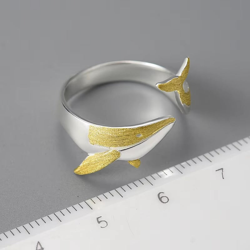 Prity Jewel Whale Adjustable Ring – 925 Sterling Silver 18K Gold Plated Ocean Animal Ring