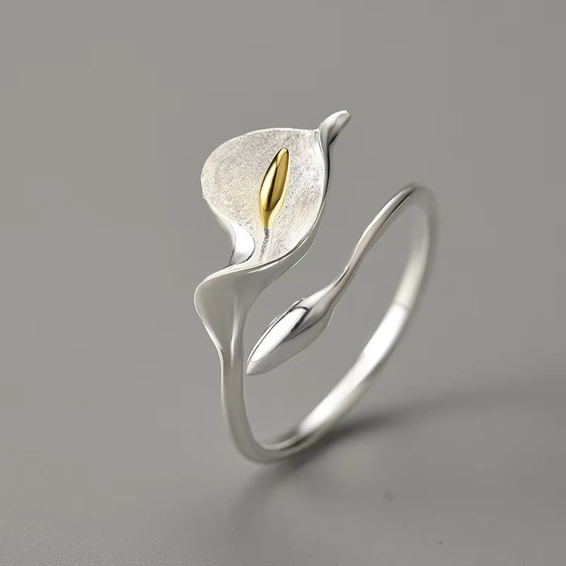 Prity Jewel Calla Lily Adjustable Ring – 925 Sterling Silver 18K Gold Plated Floral Ring