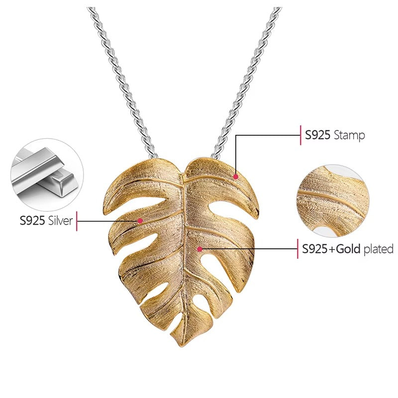 Prity Jewel Monstera Leaf Pendant – 925 Sterling Silver 18K Gold Plated Tropical Necklace Charm
