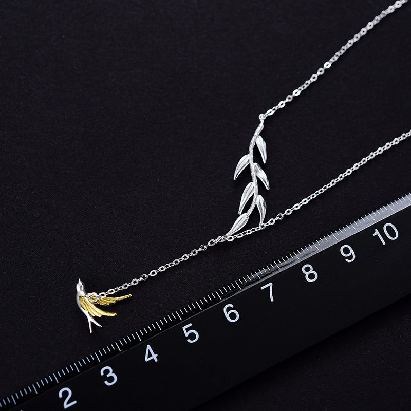 Prity Jewel Swallow & Willow Branch Pendant Necklace – 925 Sterling Silver Bird Jewelry for Women