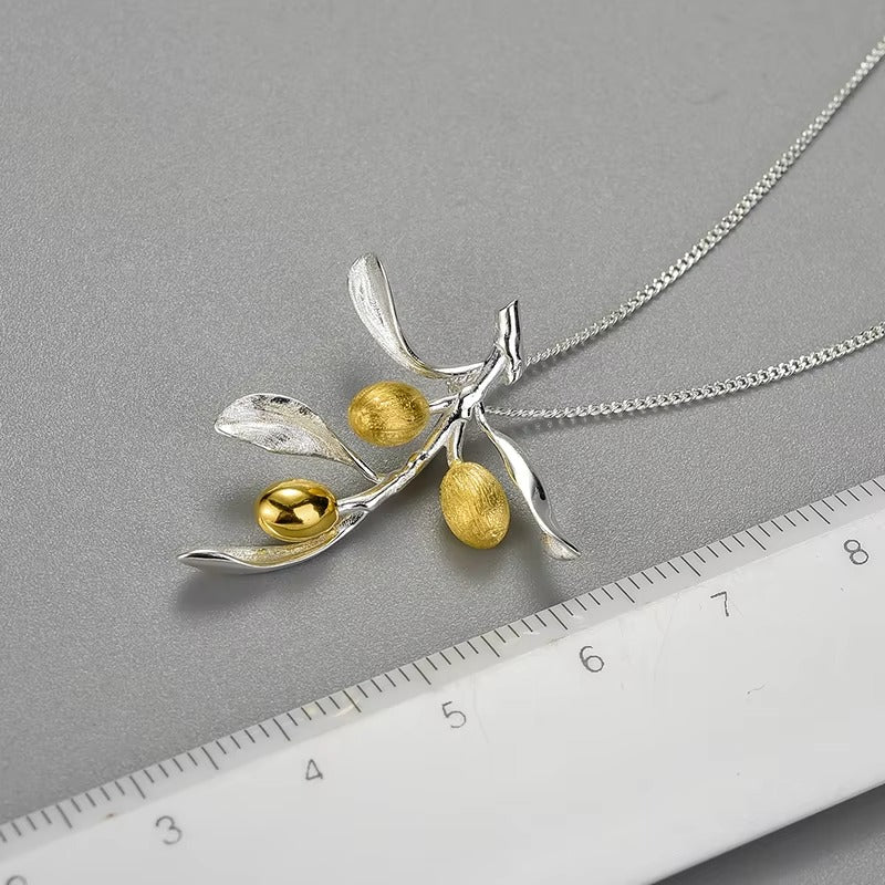 Prity Jewel Olive Branch Pendant – 925 Sterling Silver & Gold Fruit Leaf Charm