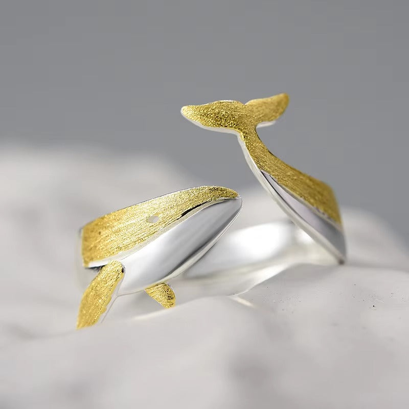Prity Jewel Whale Adjustable Ring – 925 Sterling Silver 18K Gold Plated Ocean Animal Ring