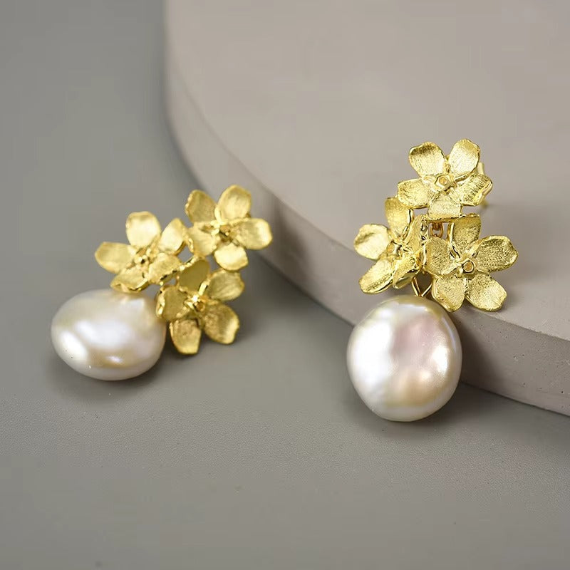 Prity Jewel Baroque Pearl Forget-Me-Not Flower Earrings – 925 Sterling Silver Floral Drop Earrings