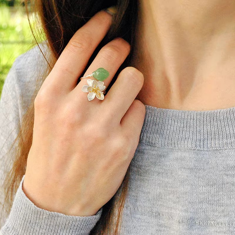 Prity Jewel Aventurine Lotus Flower Ring – 925 Sterling Silver Green Gemstone Adjustable Ring