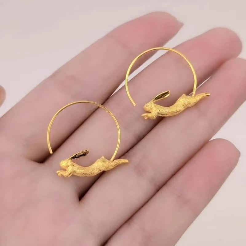 Prity Jewel Running Bunny Hoop Earrings – 925 Sterling Silver Gold Vermeil Cute Animal Hoops