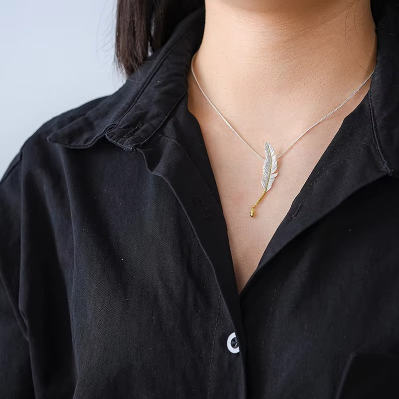 Prity Jewel Feather Pendant Necklace – 925 Sterling Silver & Gold Accent Vintage Feather Jewelry