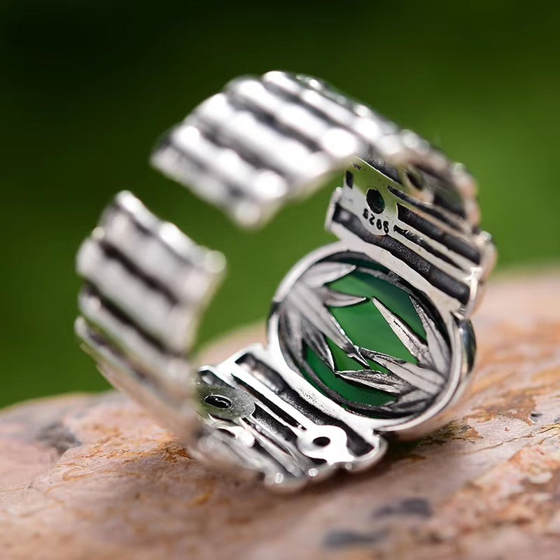 Prity Jewel Green Chalcedony Bamboo Ring – 925 Sterling Silver Vintage Adjustable Gemstone Ring