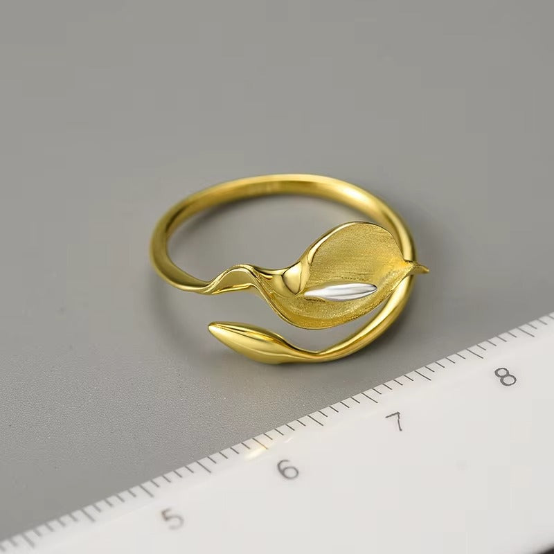 Prity Jewel Calla Lily Adjustable Ring – 925 Sterling Silver 18K Gold Plated Floral Ring