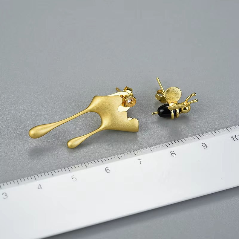Prity Jewel Bee & Honey Drip Asymmetric Stud Earrings – 925 Sterling Silver 18K Gold Plated Designer Earrings