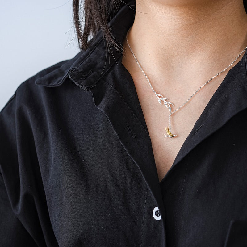 Prity Jewel Swallow & Willow Branch Pendant Necklace – 925 Sterling Silver Bird Jewelry for Women