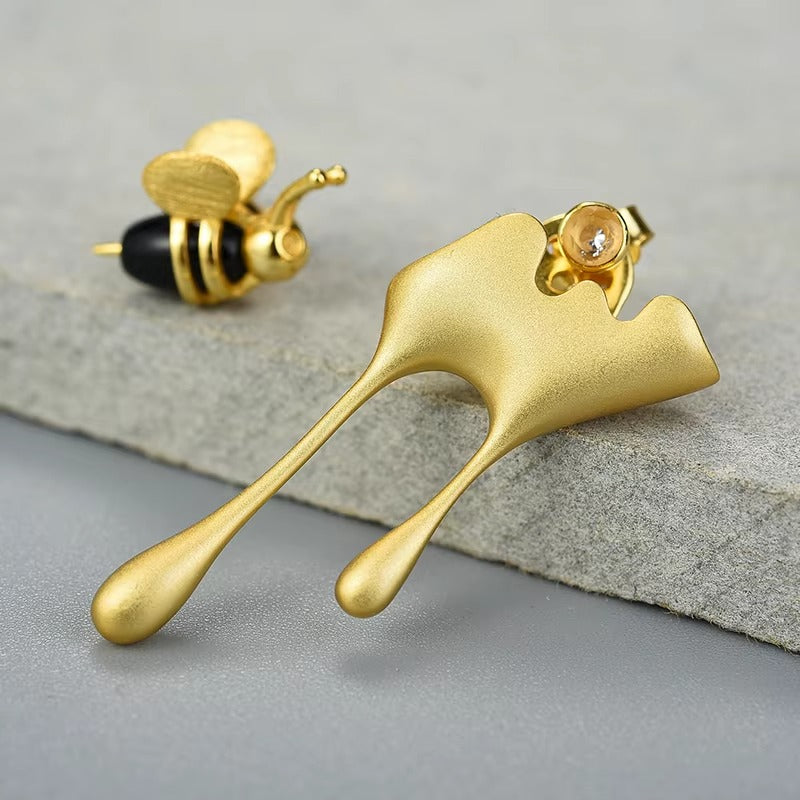 Prity Jewel Bee & Honey Drip Asymmetric Stud Earrings – 925 Sterling Silver 18K Gold Plated Designer Earrings