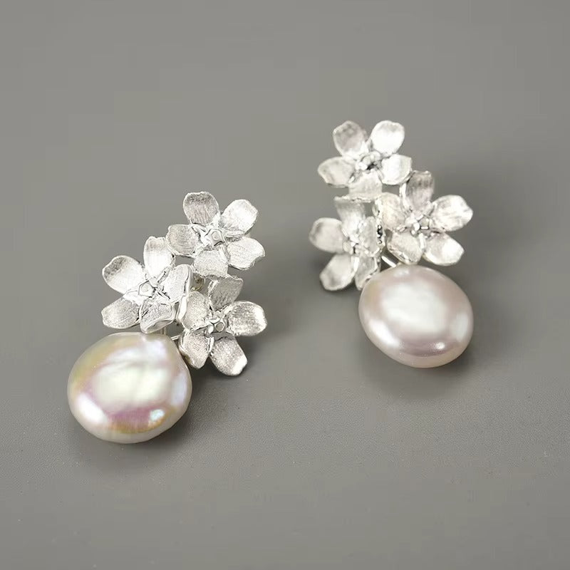 Prity Jewel Baroque Pearl Forget-Me-Not Flower Earrings – 925 Sterling Silver Floral Drop Earrings
