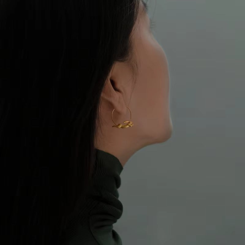 Prity Jewel Running Bunny Hoop Earrings – 925 Sterling Silver Gold Vermeil Cute Animal Hoops