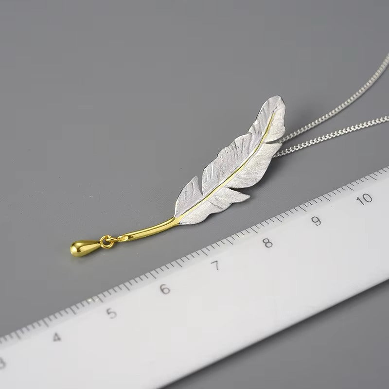 Prity Jewel Feather Pendant Necklace – 925 Sterling Silver & Gold Accent Vintage Feather Jewelry