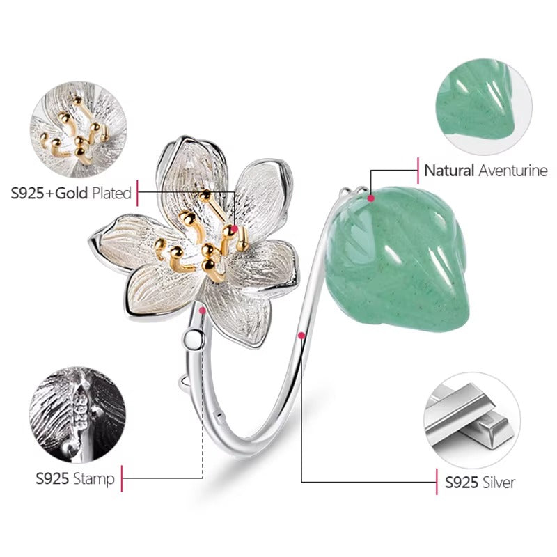 Prity Jewel Aventurine Lotus Flower Ring – 925 Sterling Silver Green Gemstone Adjustable Ring