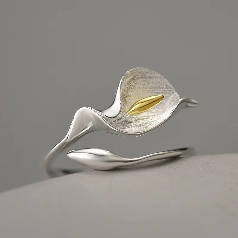 Prity Jewel Calla Lily Adjustable Ring – 925 Sterling Silver 18K Gold Plated Floral Ring