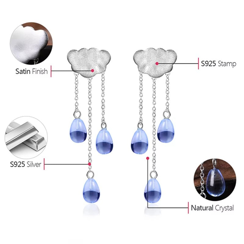 Prity Jewel Cloud Tassel Drop Earrings – 925 Sterling Silver Blue Crystal Long Dangle Earrings