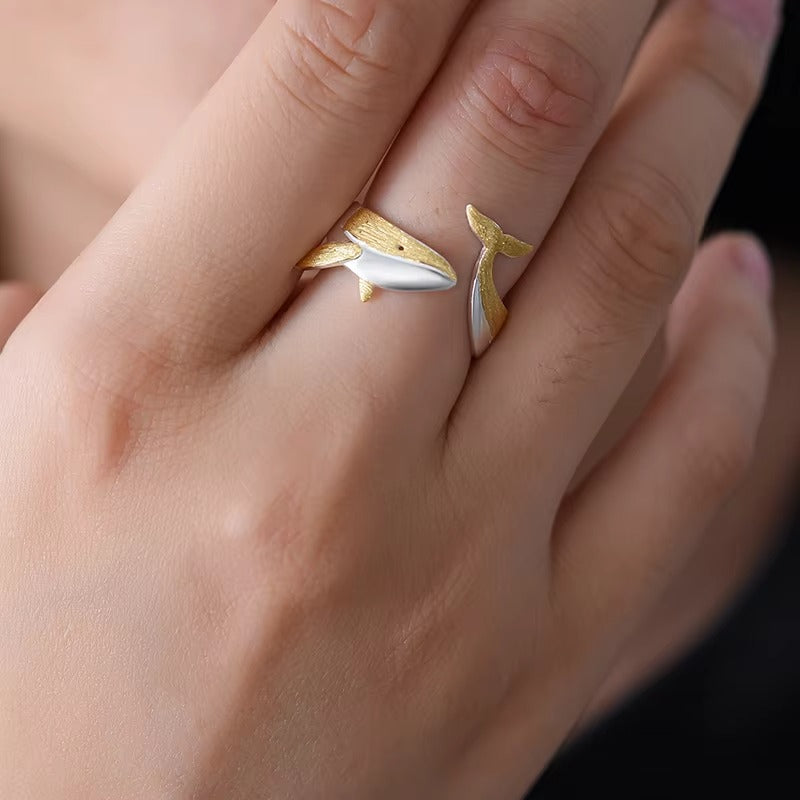 Prity Jewel Whale Adjustable Ring – 925 Sterling Silver 18K Gold Plated Ocean Animal Ring