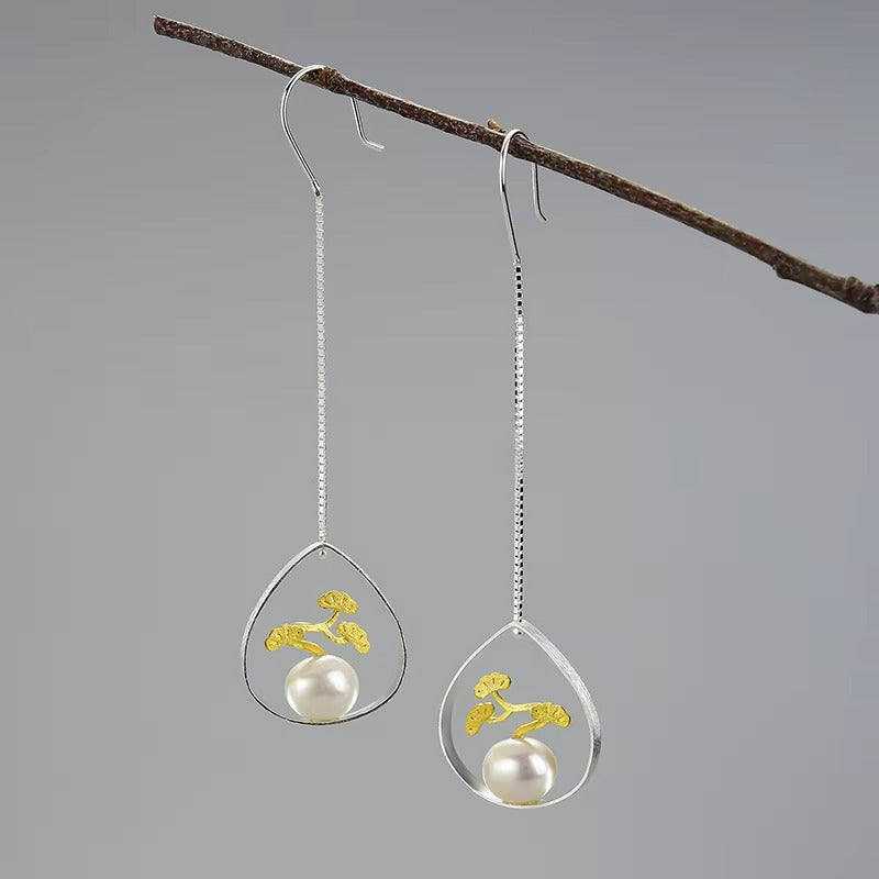 Prity Jewel Pine Tree Pearl Drop Earrings – 925 Sterling Silver Nature Dangle Earrings