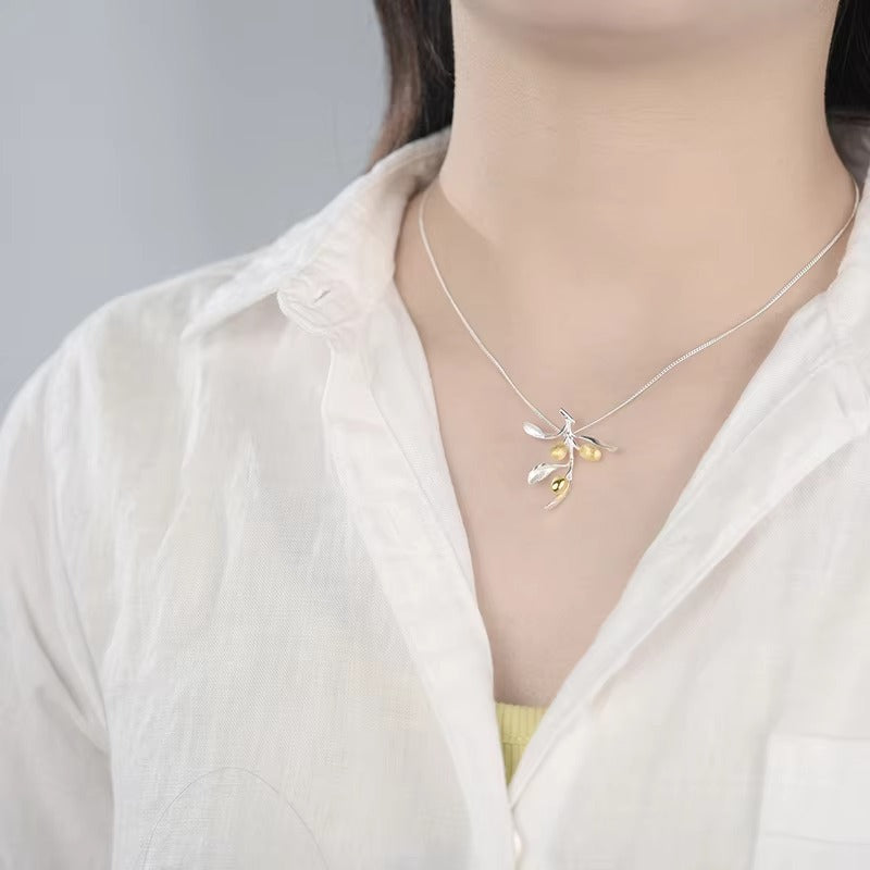 Prity Jewel Olive Branch Pendant – 925 Sterling Silver & Gold Fruit Leaf Charm
