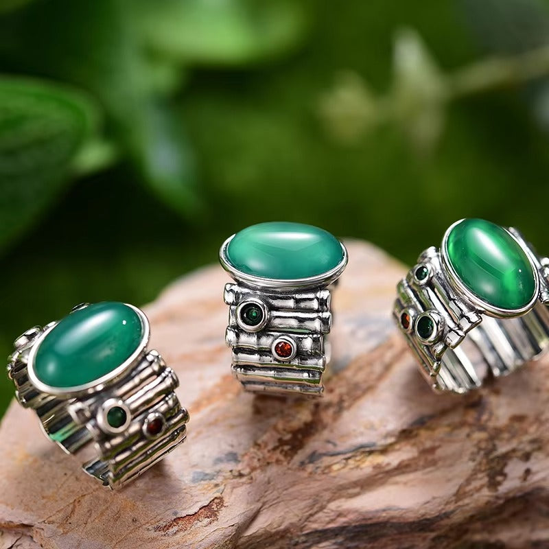 Prity Jewel Green Chalcedony Bamboo Ring – 925 Sterling Silver Vintage Adjustable Gemstone Ring