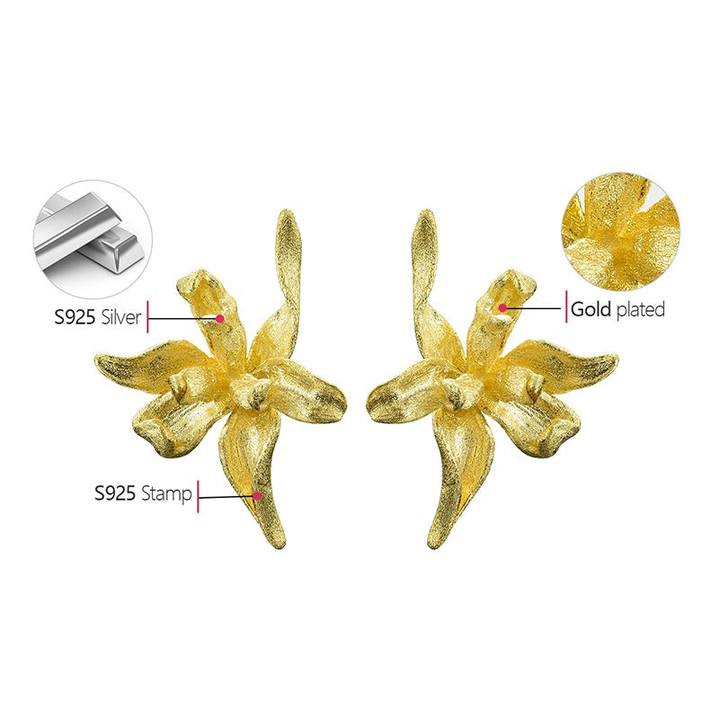 Prity Jewel Iris Flower Stud Earrings – 925 Sterling Silver 18K Gold Plated Floral Earrings for Women