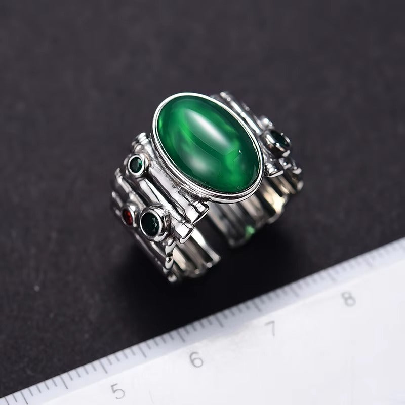 Prity Jewel Green Chalcedony Bamboo Ring – 925 Sterling Silver Vintage Adjustable Gemstone Ring