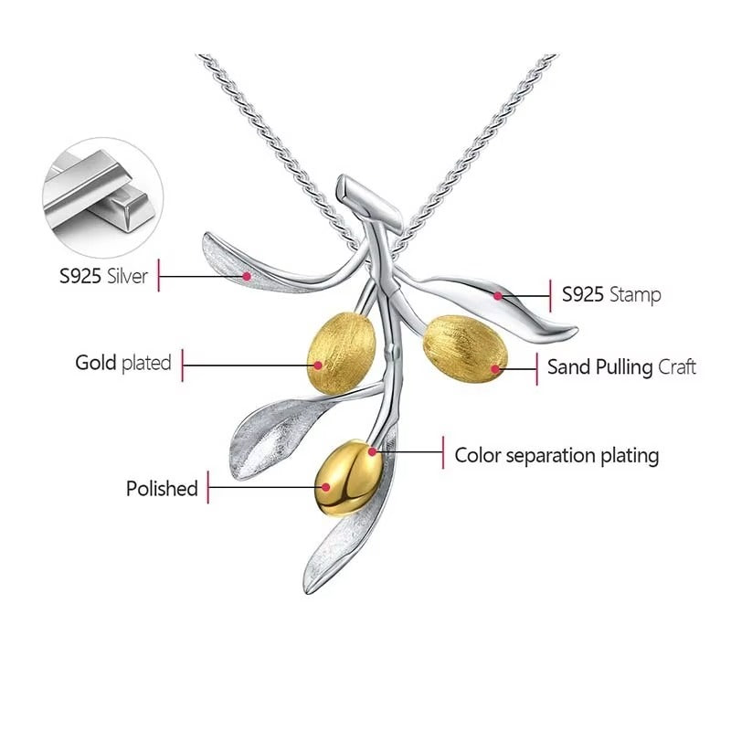 Prity Jewel Olive Branch Pendant – 925 Sterling Silver & Gold Fruit Leaf Charm