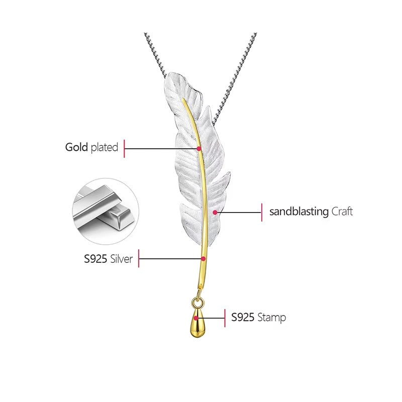Prity Jewel Feather Pendant Necklace – 925 Sterling Silver & Gold Accent Vintage Feather Jewelry