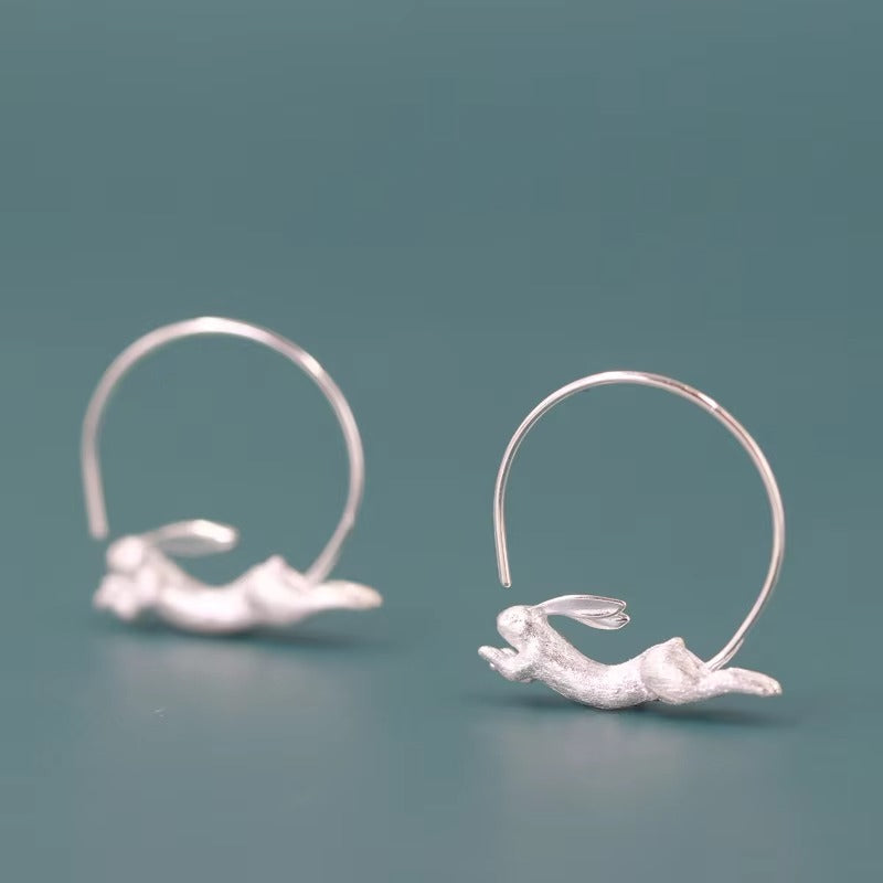 Prity Jewel Running Bunny Hoop Earrings – 925 Sterling Silver Gold Vermeil Cute Animal Hoops